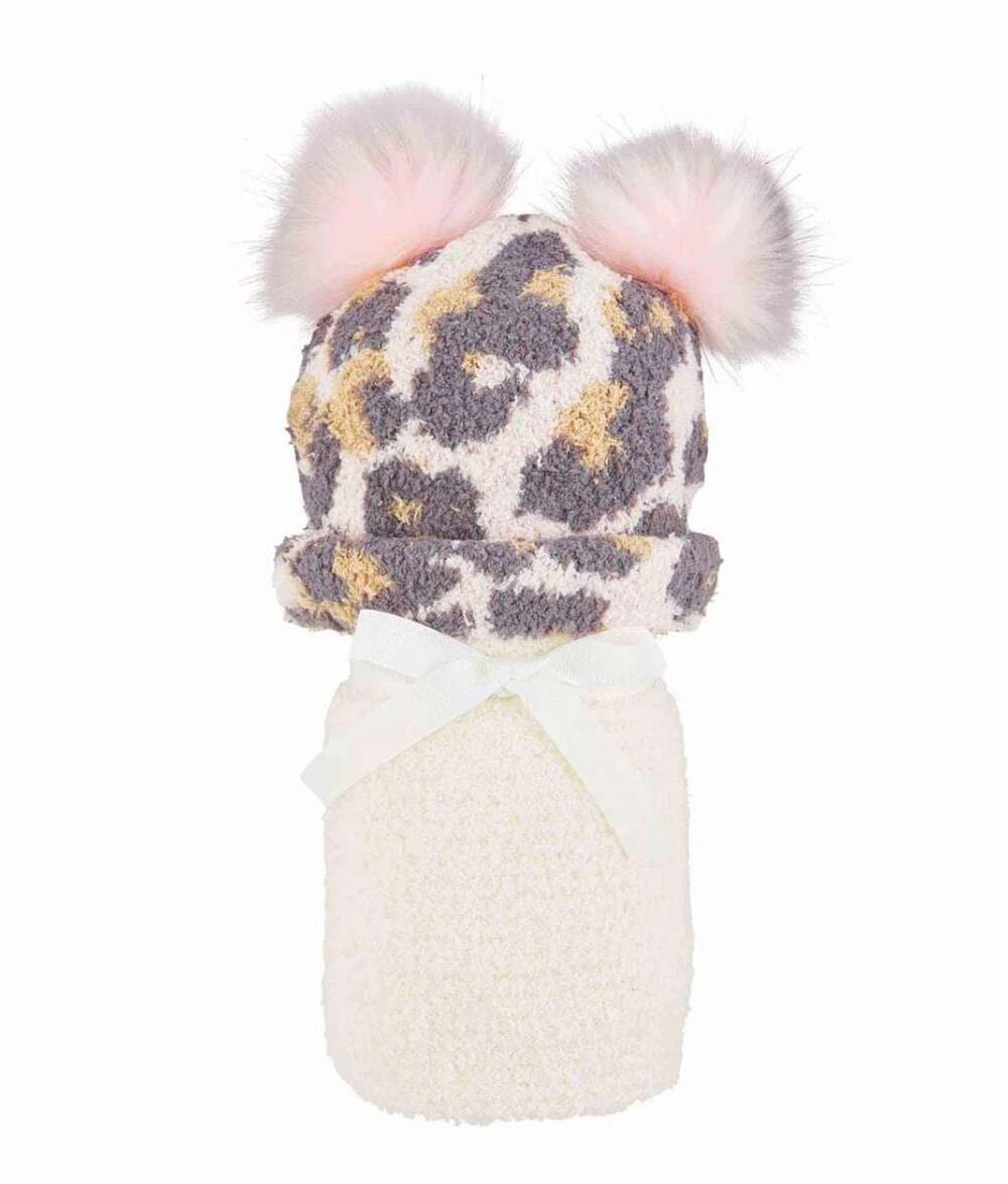 Mud Pie Chenille Blanket and Leopard Pom Hat Set